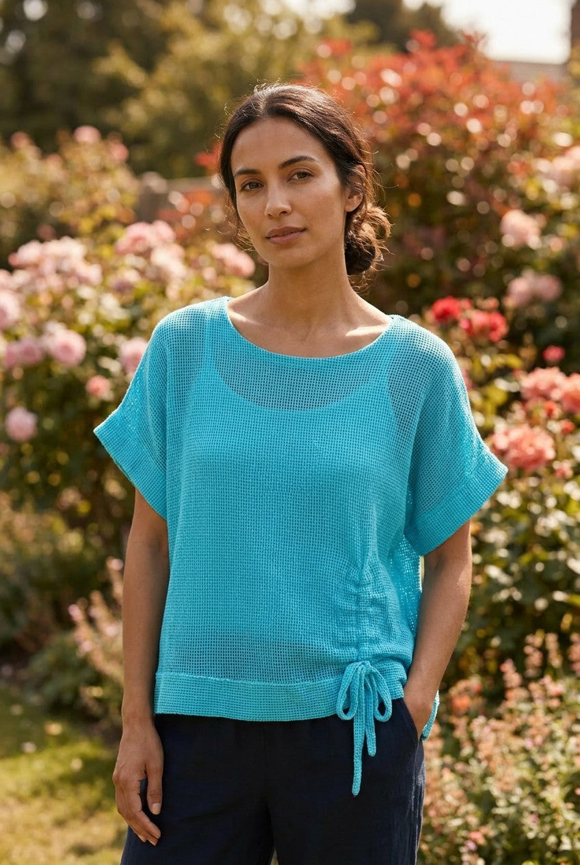 Turquoise Washed Linen Mesh Ruched Top, Garden Lifestyle — Urban Wild