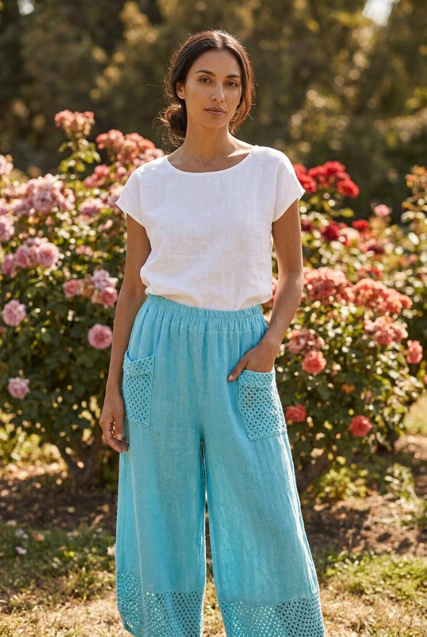 Turquoise Washed Linen Mesh Pocket Wide-Leg Trousers, Garden Lifestyle — Urban Wild