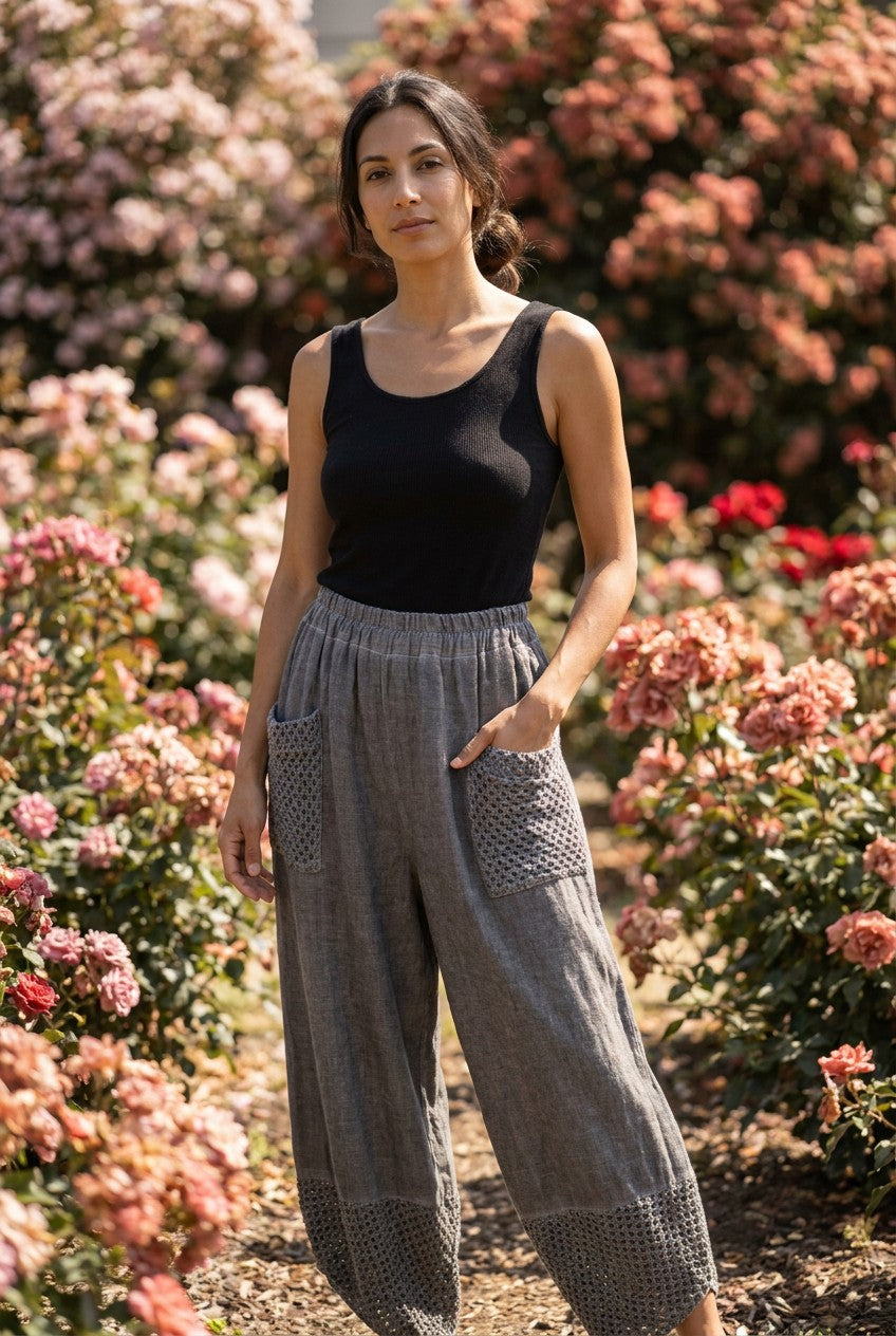 Grey Washed Linen Mesh Pocket Wide-Leg Trousers garden