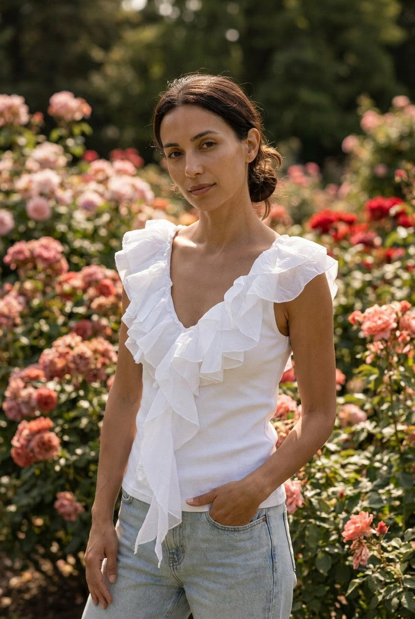 White Ribbed Cotton Top with Silk Ruffle Trim, Garden Lifestyle — Urban Wild