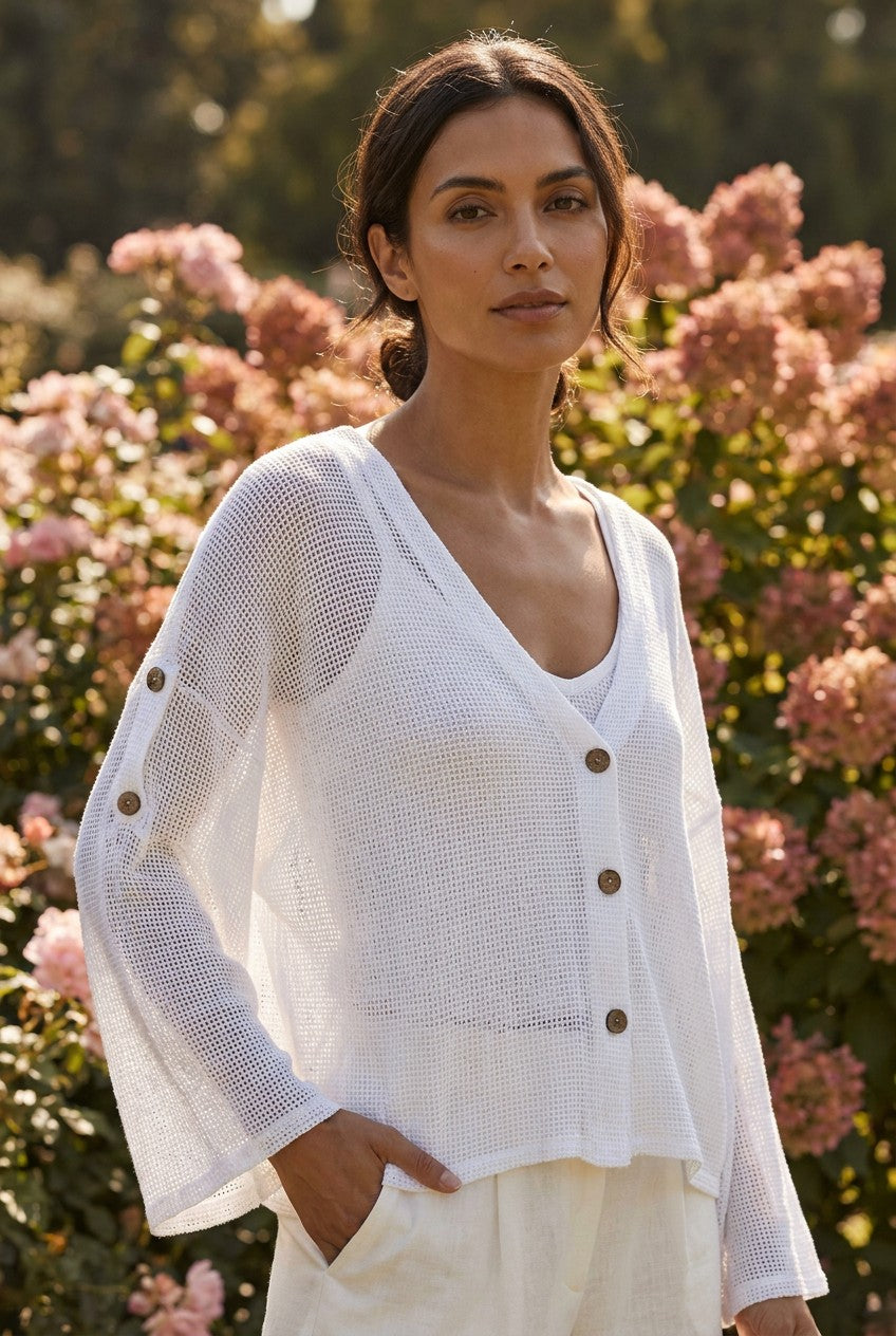 White Washed Linen Mesh Button Cardigan garden