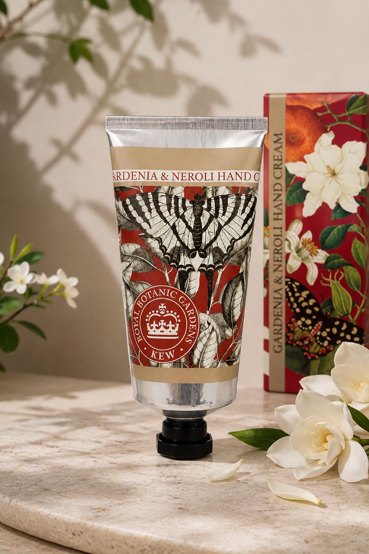Kew Gardens gardenia and neroli hand cream in recyclable aluminium tube with floral illustrated packaging — Urban Wild