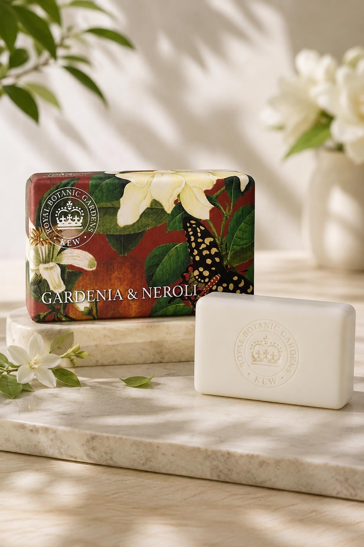 Kew Gardens gardenia and neroli soap bar with shea butter in botanical illustrated paper wrap — Urban Wild