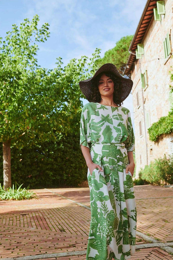 Giant willow green print Obi dress with adjustable belt and capped sleeves — Urban Wild