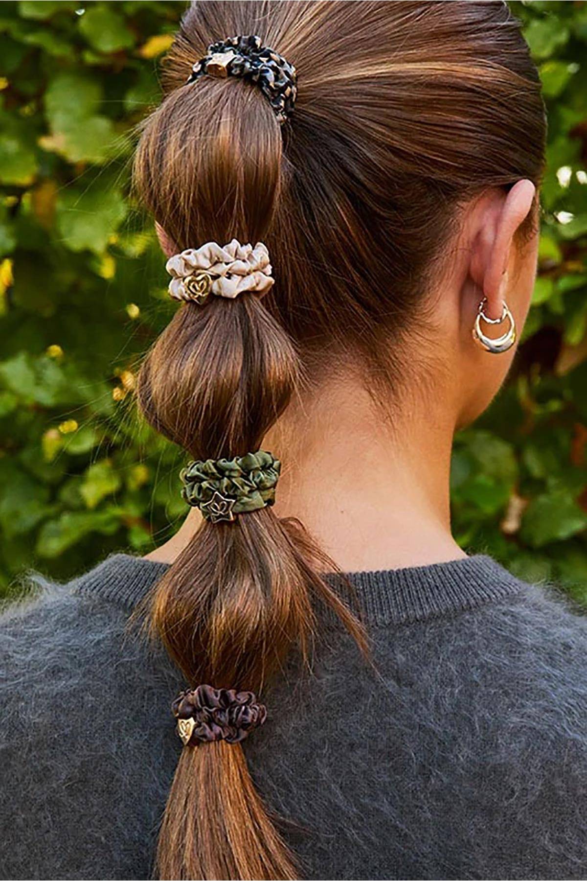 byEloise gold heart skinny silk scrunchie shown as hair band and wrist bangle — Urban Wild