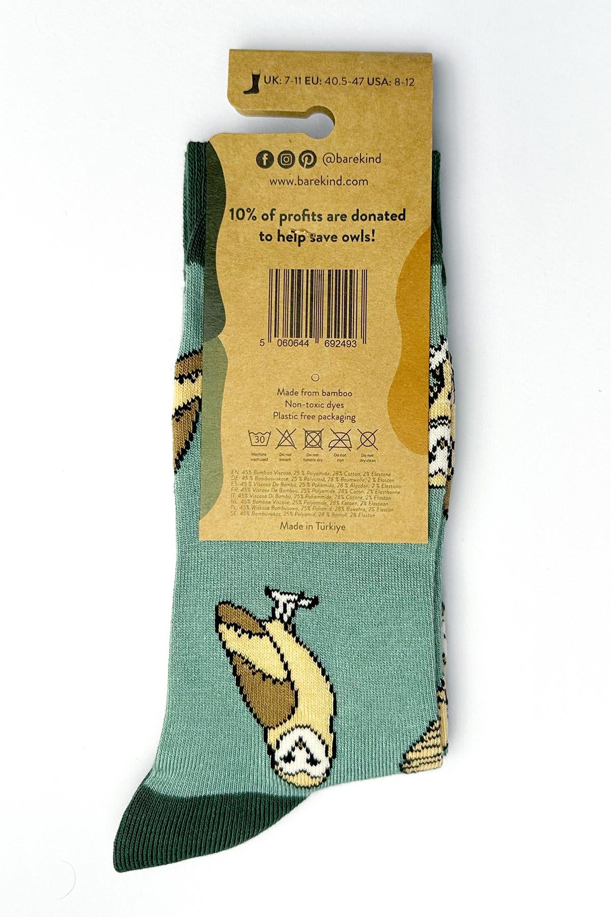 Back of Bare Kind barn owl bamboo socks packaging showing composition and care — Urban Wild
