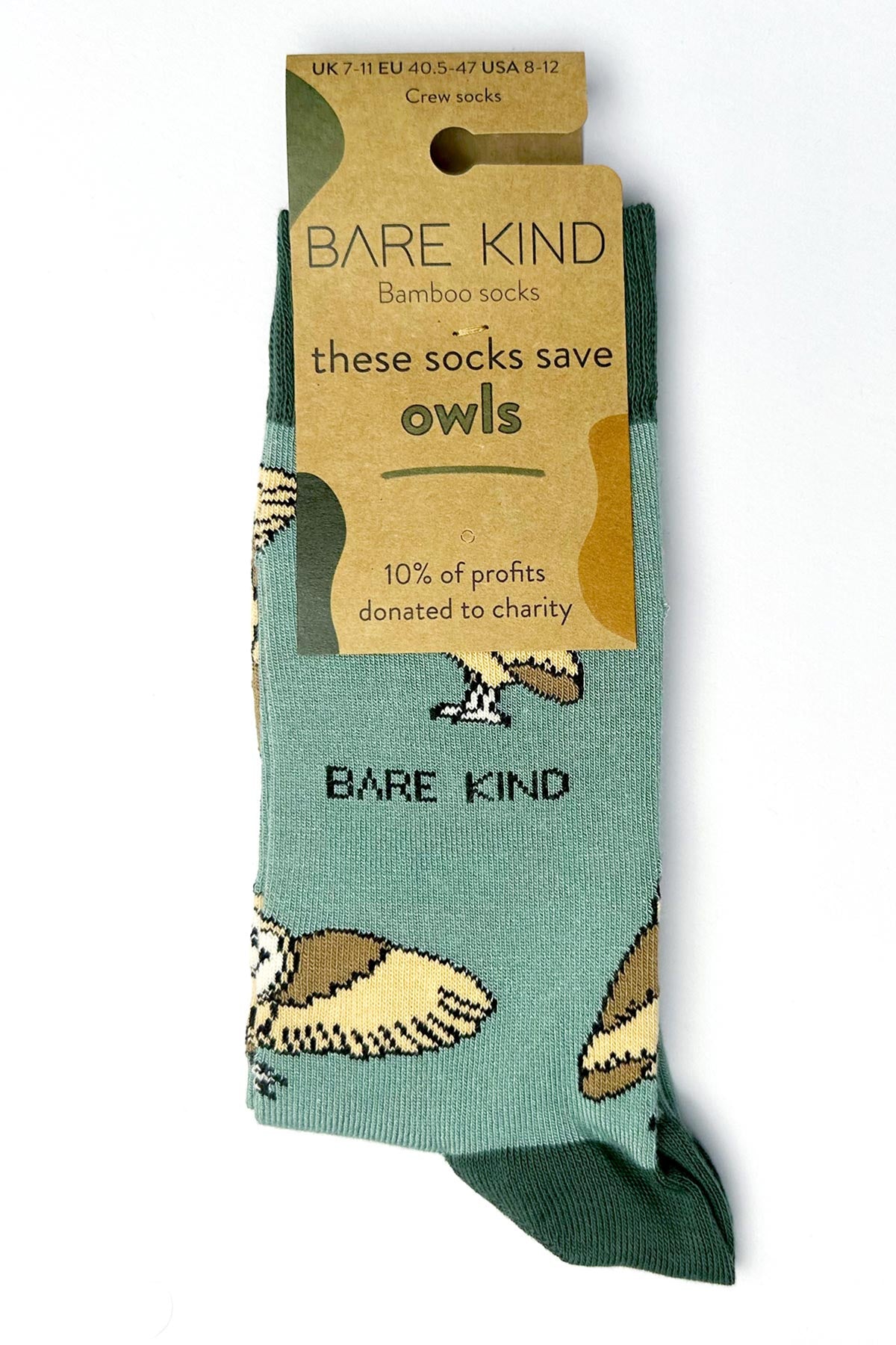 Sage green bamboo crew socks with barn owl design in Bare Kind packaging — Urban Wild