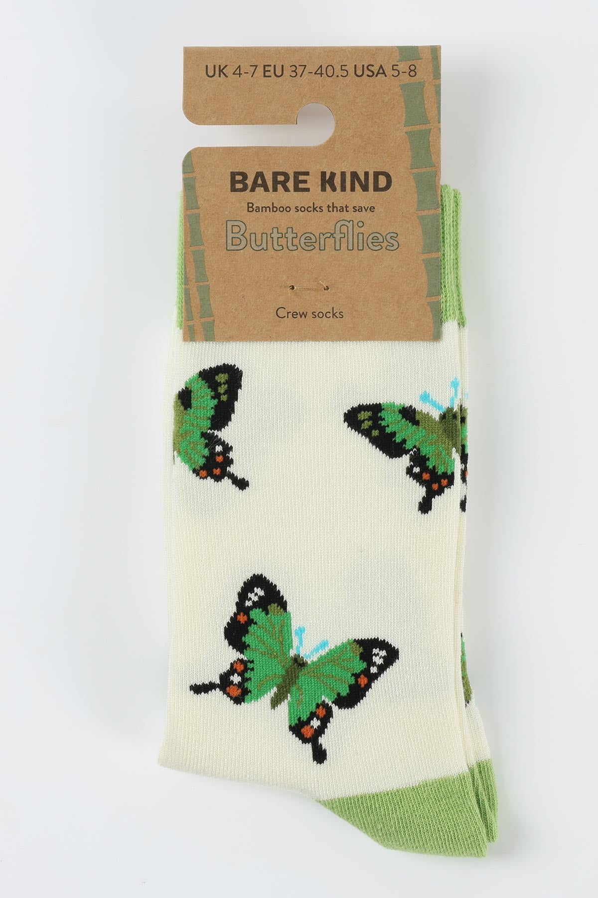 Cream and green bamboo crew socks with green butterfly print by Bare Kind — Urban Wild