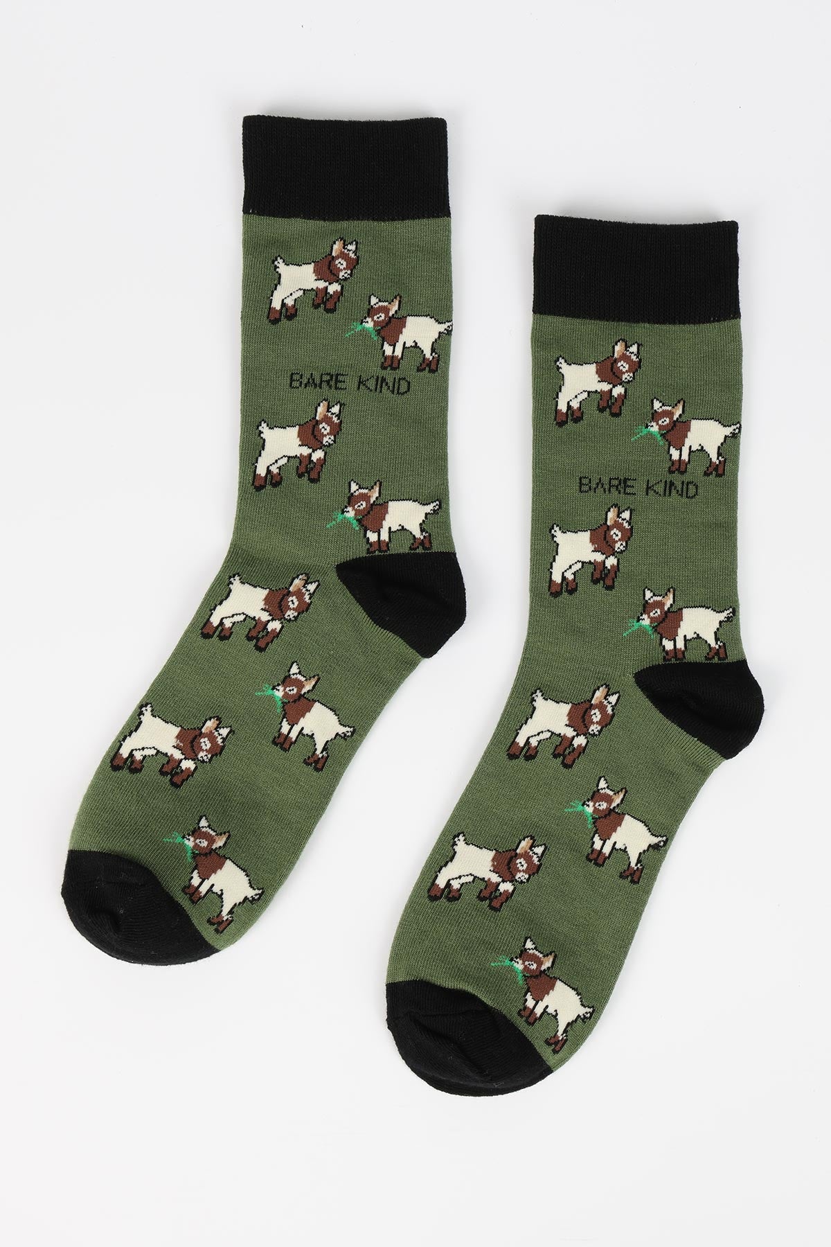 Pair of sage green bamboo crew socks with goat motif and black cuff heel and toe — Urban Wild