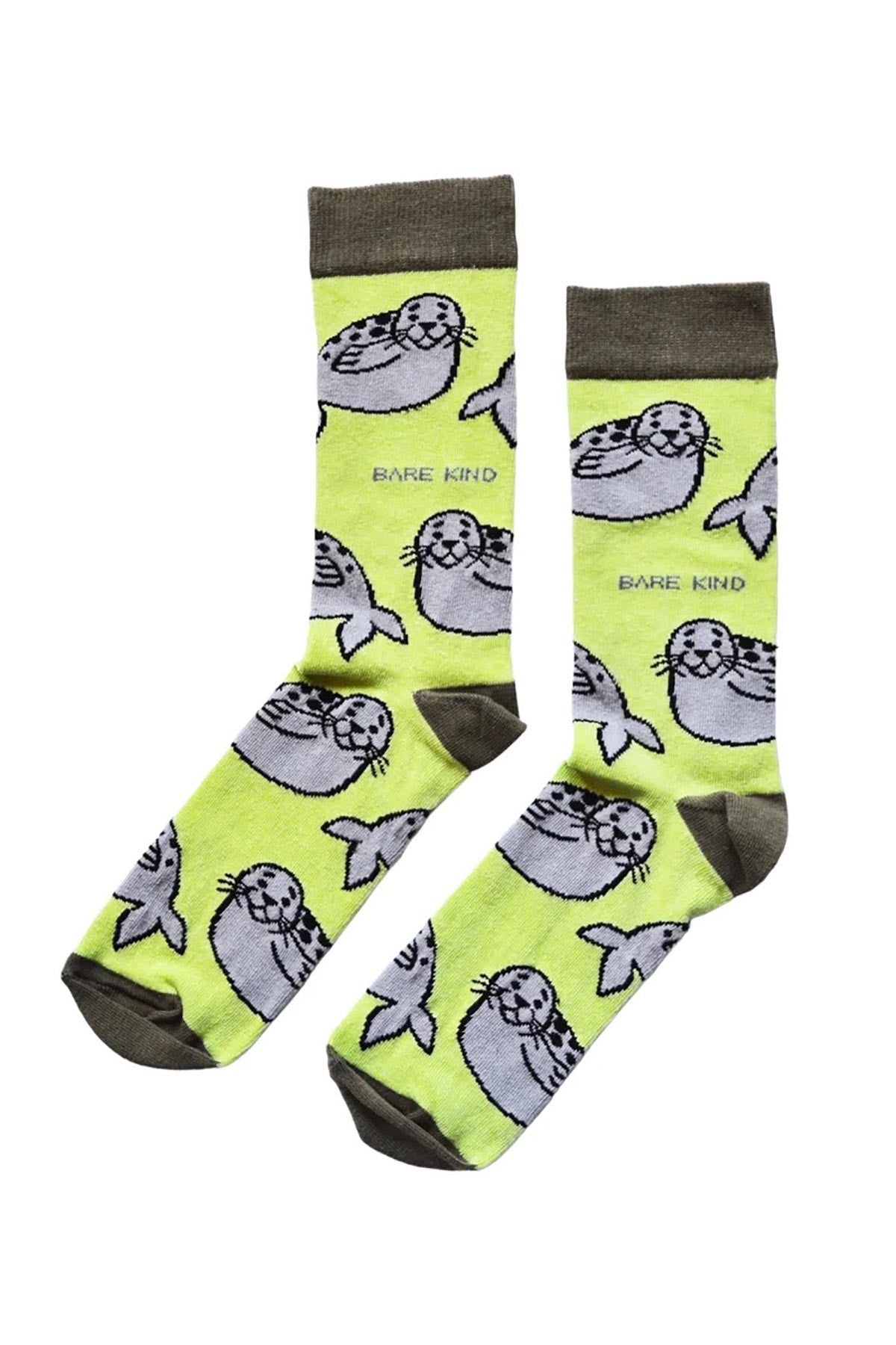 Pair of Bare Kind green bamboo seal socks flat lay with olive cuff and toe — Urban Wild