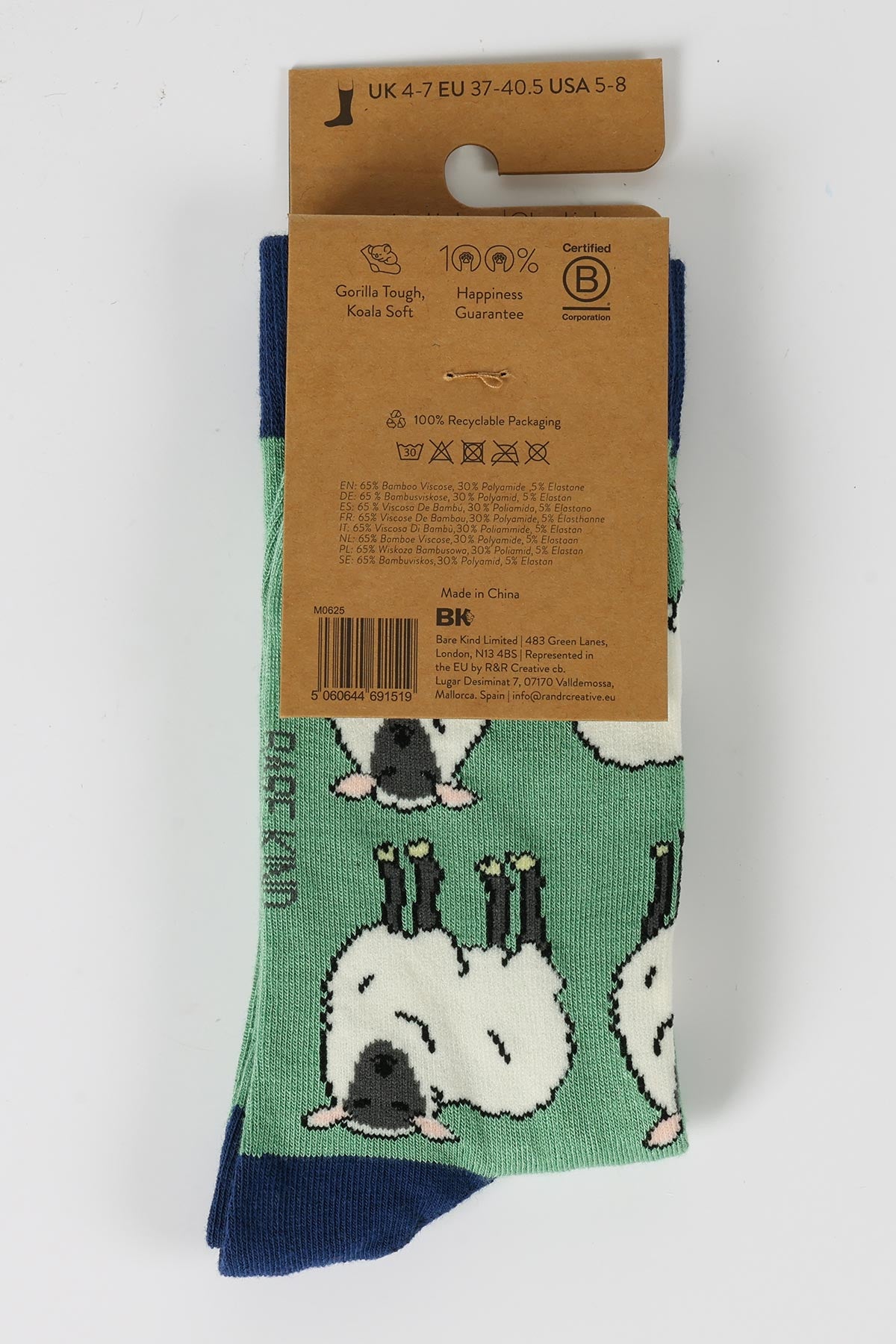 Back of Bare Kind sheep bamboo socks packaging showing B Corp certification and bamboo composition - Urban Wild