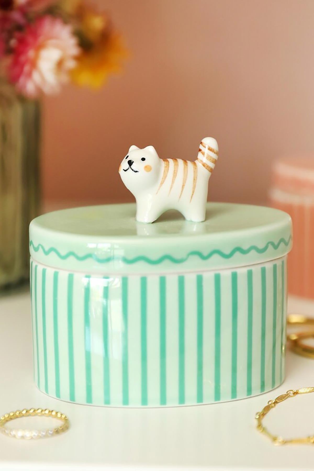 Green oval ceramic cat trinket pot with 3D kitty figurine lid and stripe design — Urban Wild