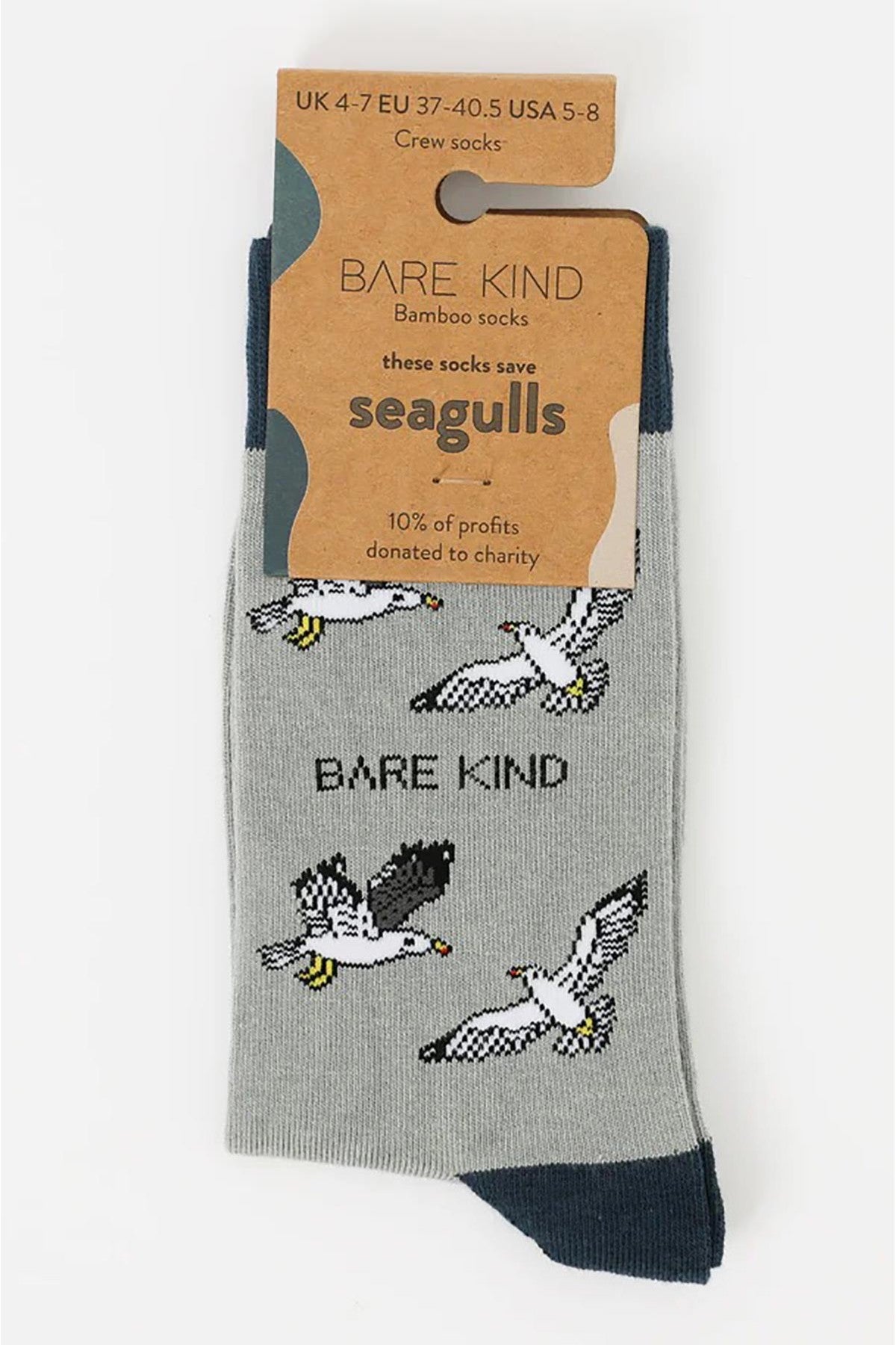 Save the Seagulls grey bamboo socks in Bare Kind plastic-free packaging — Urban Wild