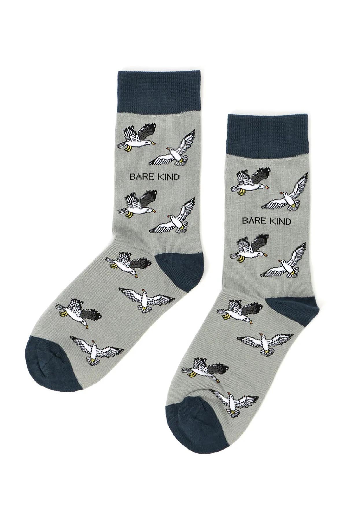 Pair of grey bamboo crew socks with flying seagull design and navy heel and toe — Urban Wild