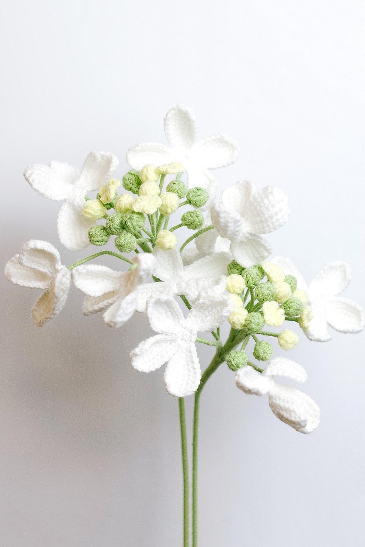 Hand-crocheted white Guelder Rose flower stem with rounded blooms — Urban Wild
