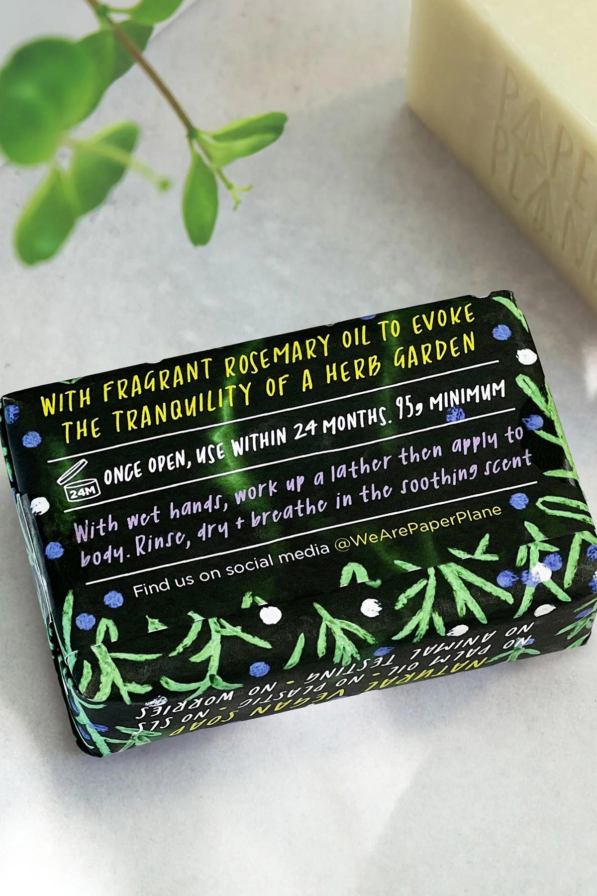 Back of Herb Garden rosemary soap bar showing ingredients and instructions — Urban Wild