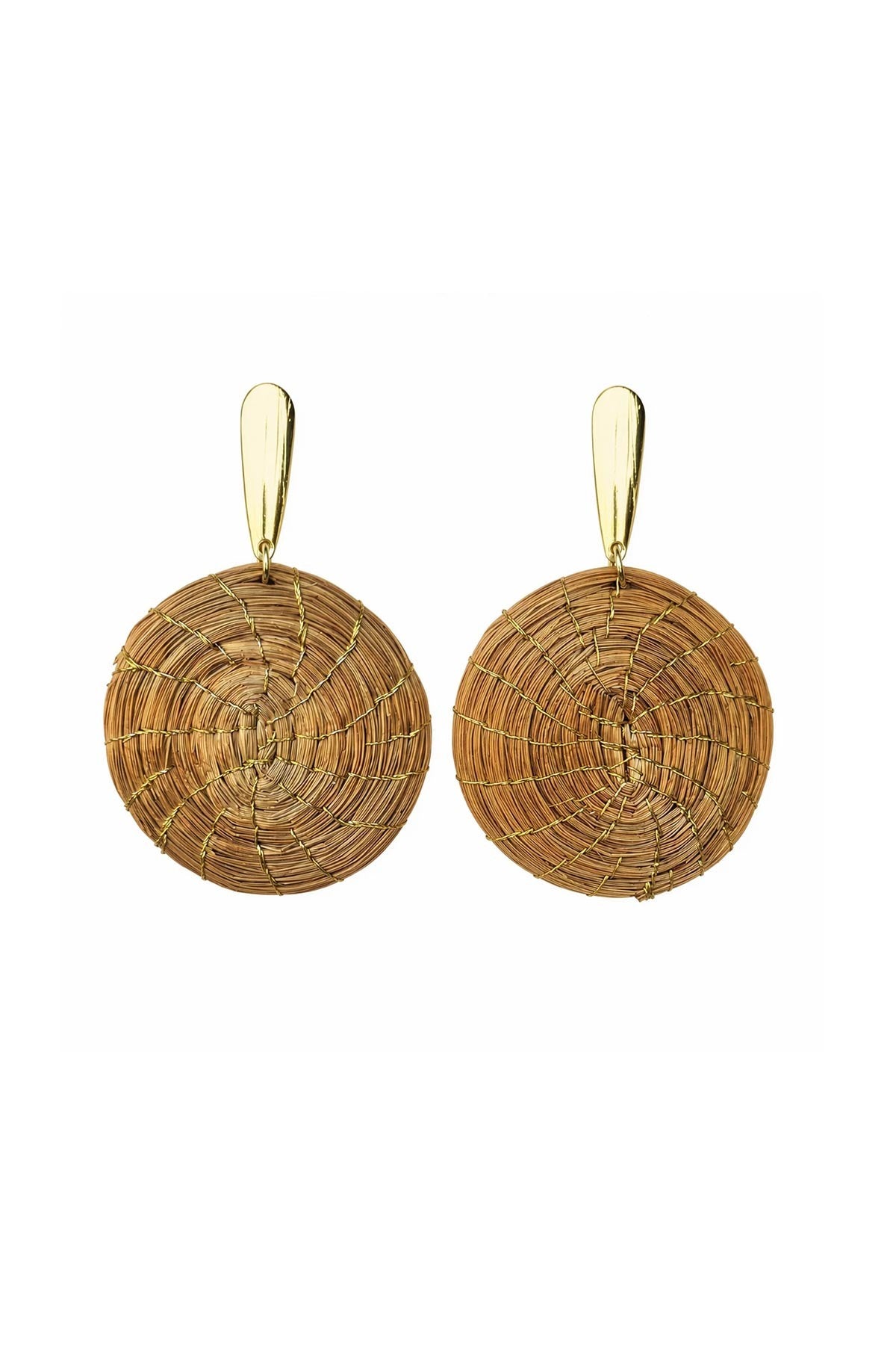 Isla golden grass round woven statement earrings handcrafted from Capim Dourado — Urban Wild