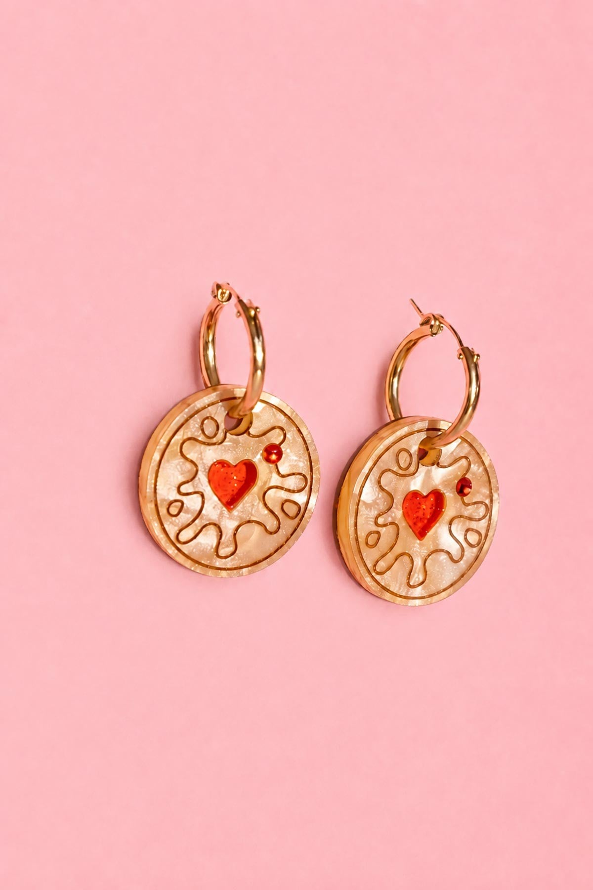 Handmade jam heart biscuit hoop earrings with gold filled creole hoops by Cuteryko — Urban Wild