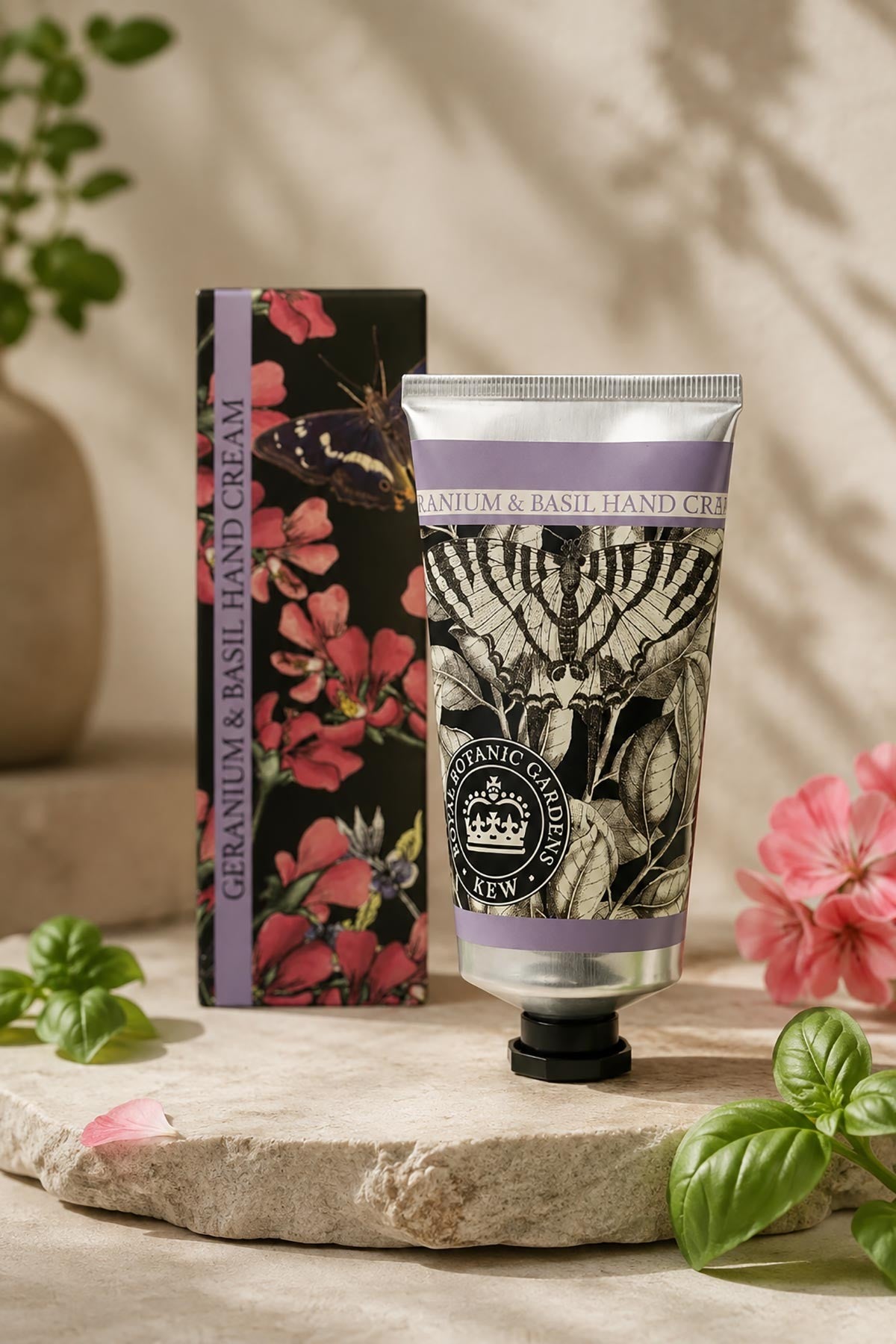 Kew Gardens geranium and basil hand cream in illustrated recyclable aluminium tube — Urban Wild