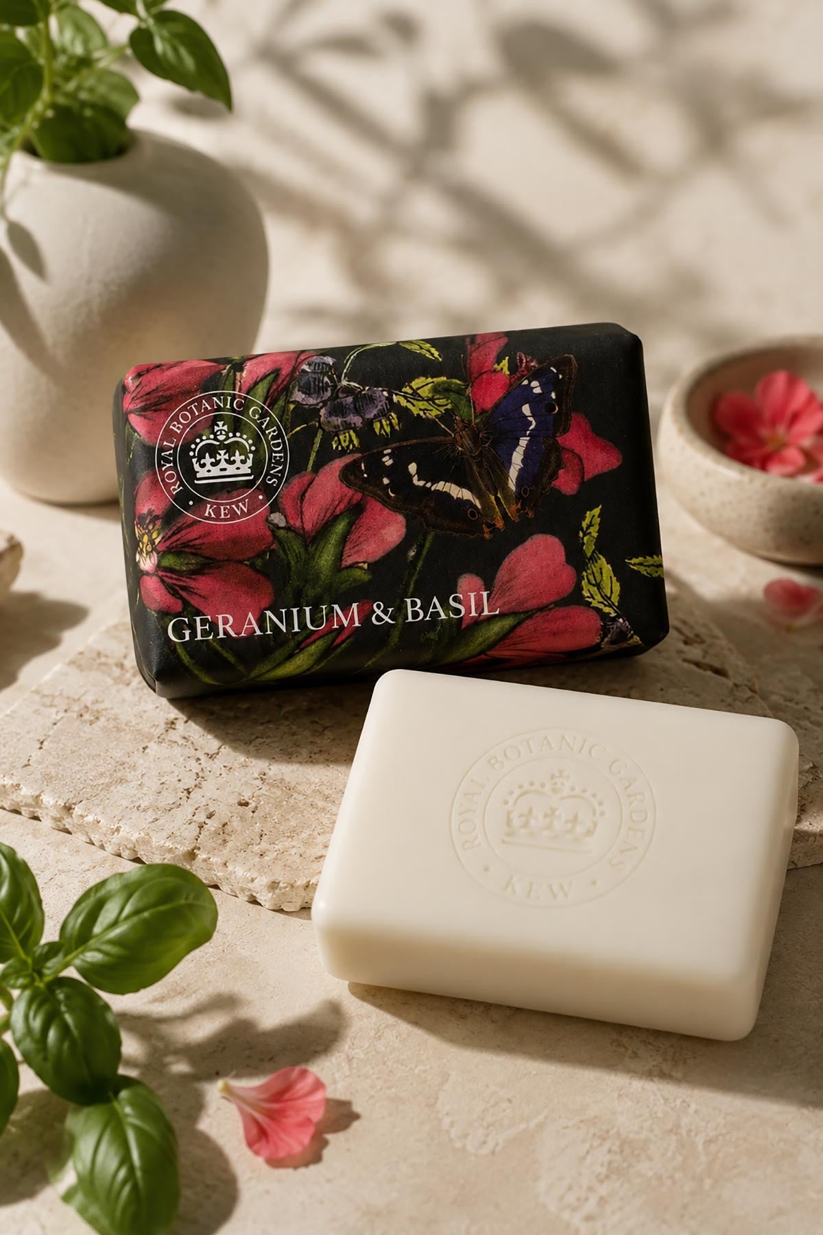 Kew Gardens geranium and basil vegan soap bar in illustrated paper wrap — Urban Wild