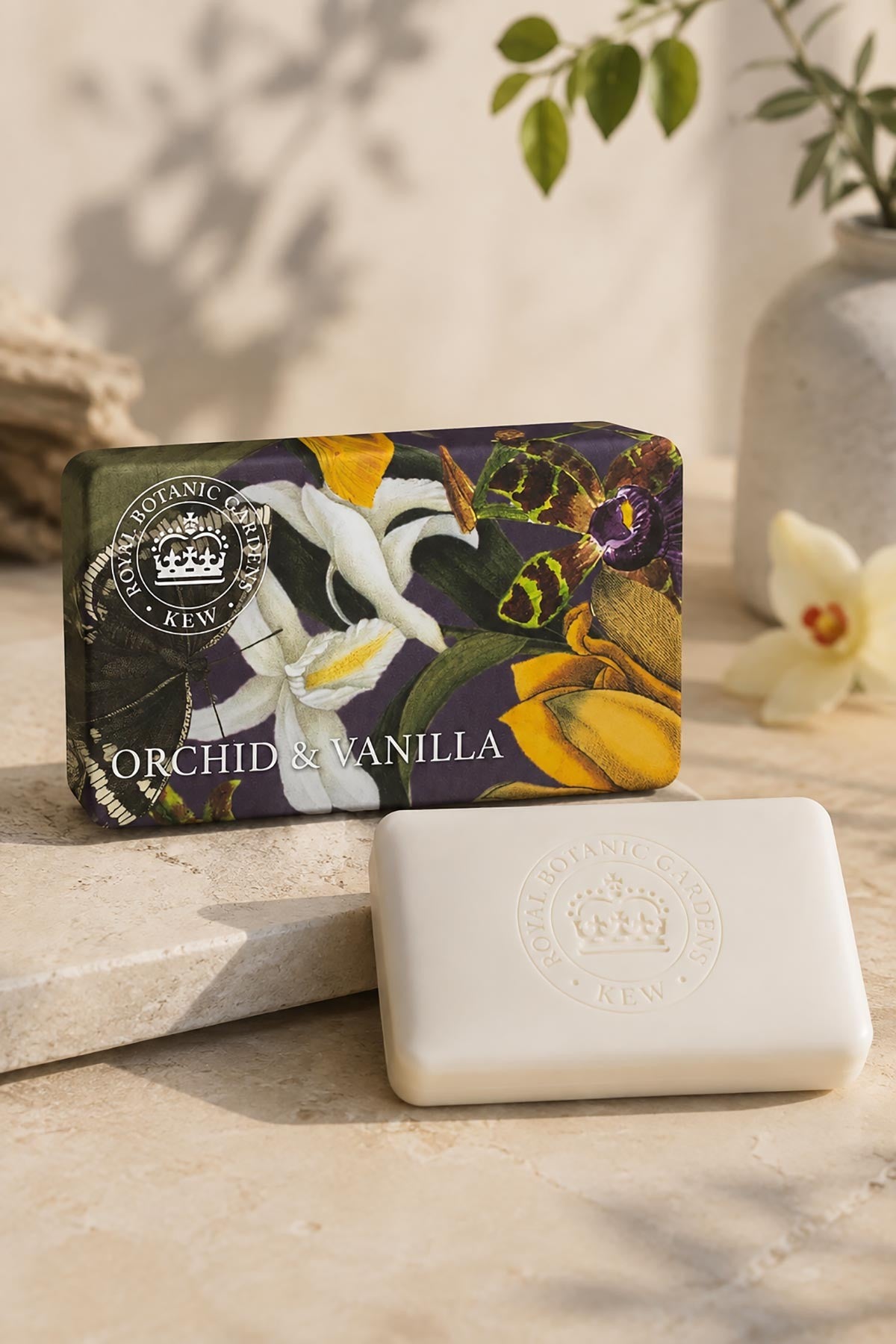 Kew Gardens Orchid and Vanilla 240g luxury soap bar in botanical illustrated paper wrap — Urban Wild