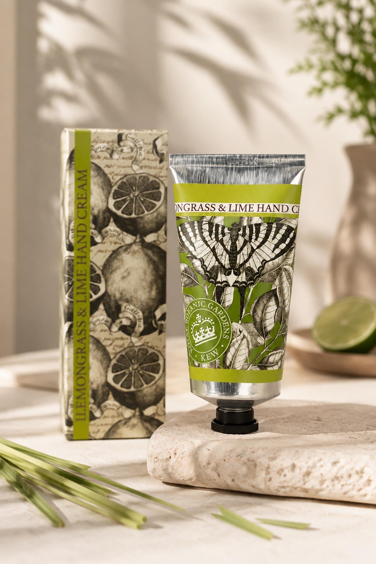 Kew Gardens lemongrass and lime hand cream in recyclable aluminium tube with botanical illustration — Urban Wild