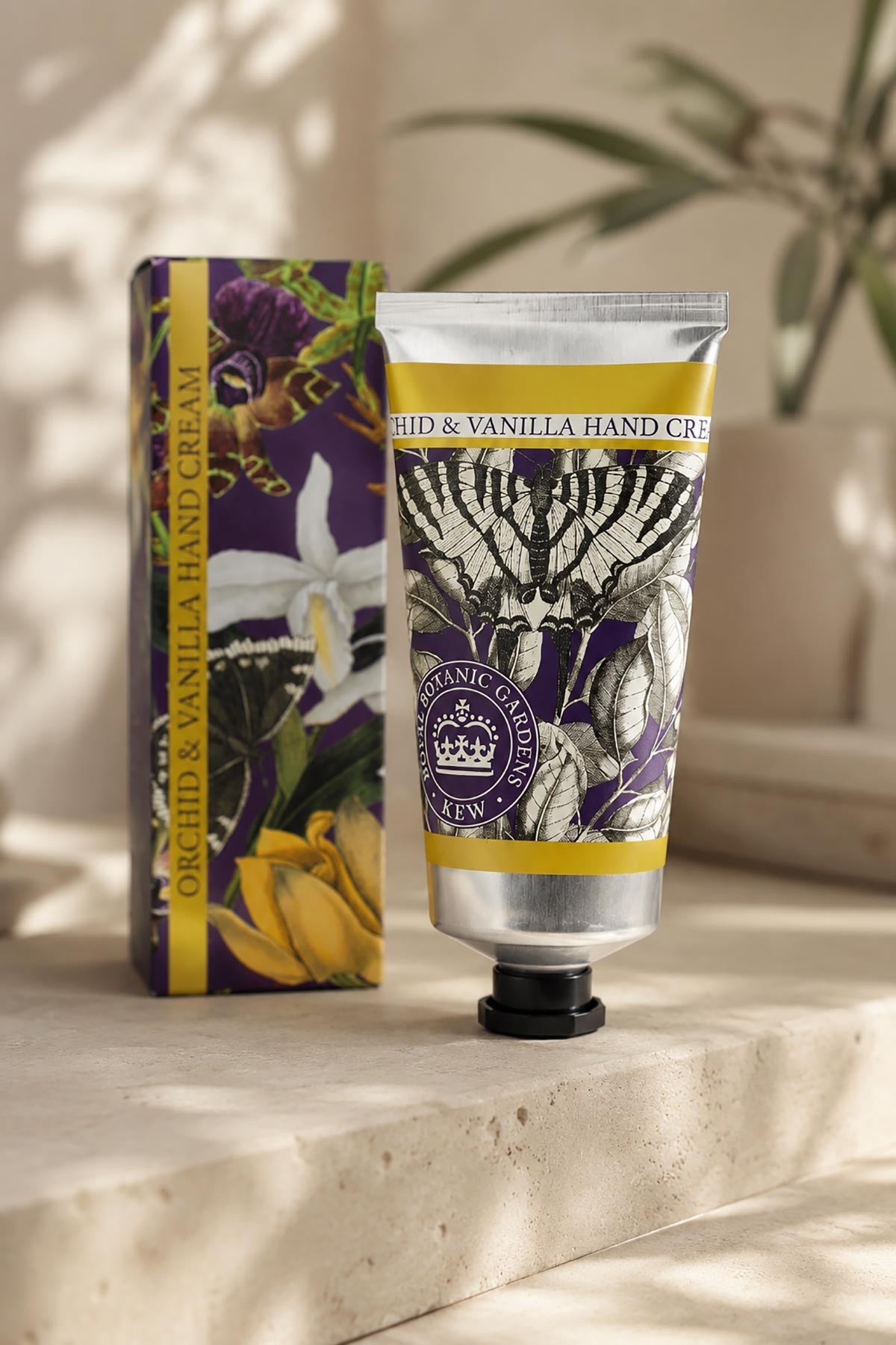 Kew Gardens orchid and vanilla hand cream in recyclable aluminium tube with illustrated packaging — Urban Wild
