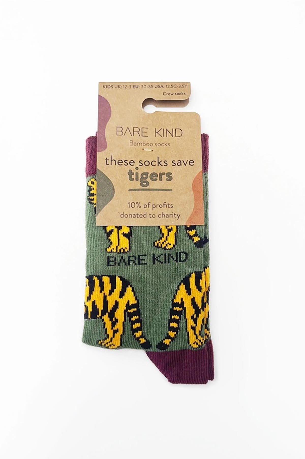 Kids green bamboo tiger crew socks by Bare Kind in plastic-free packaging, saves tigers — Urban Wild