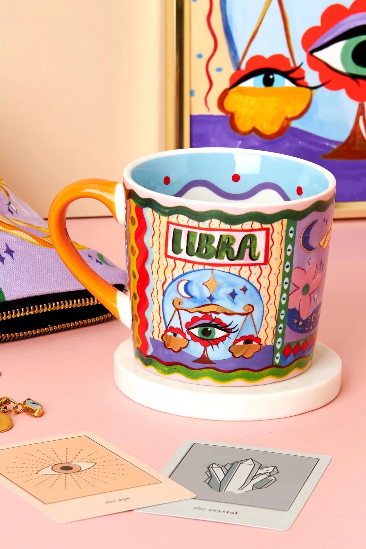 Libra zodiac hand painted bone china mug with orange handle and colourful illustrations — Urban Wild