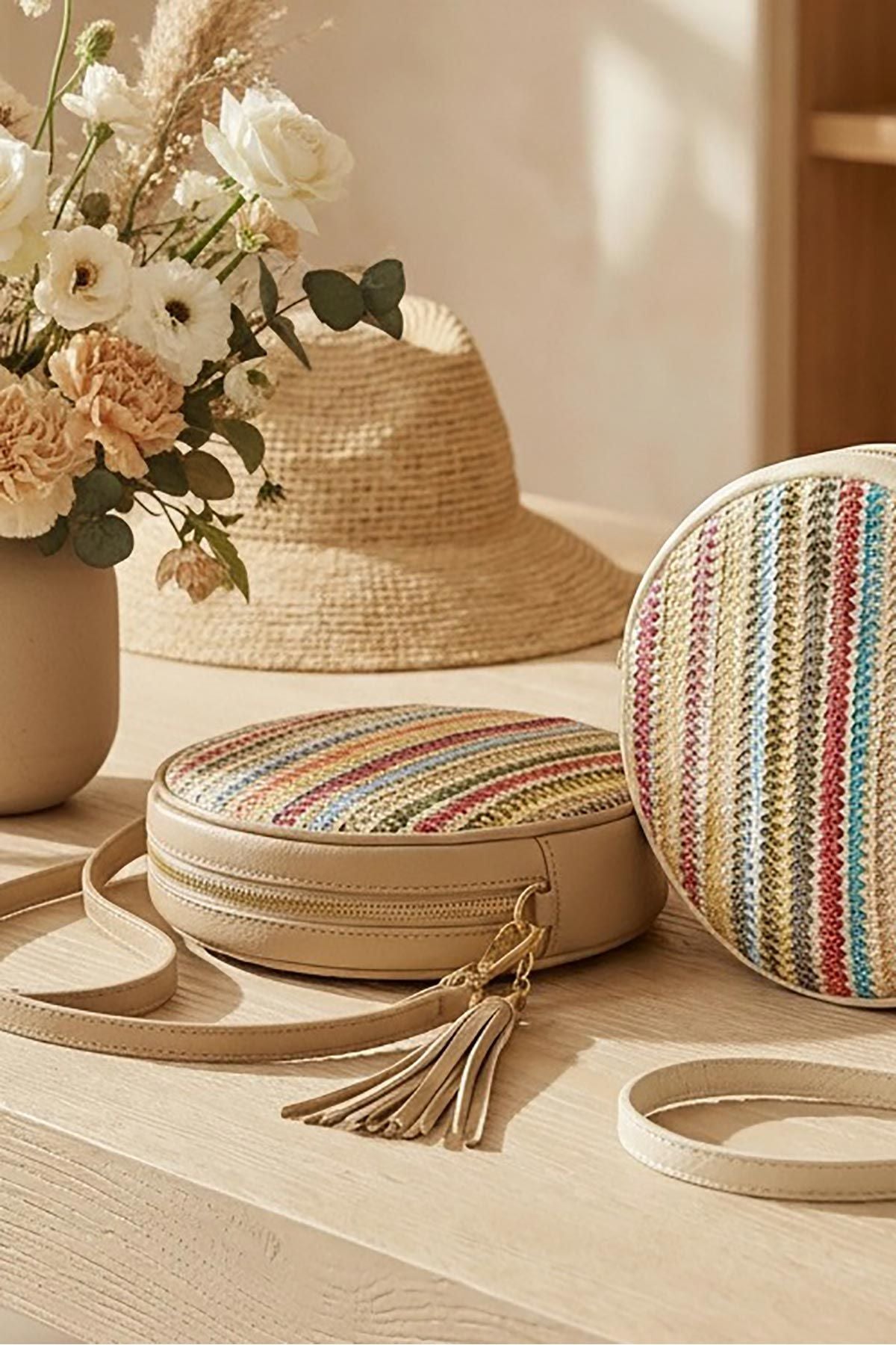 Italian Leather and Raffia Round Crossbody Bag in Light Taupe — Urban Wild