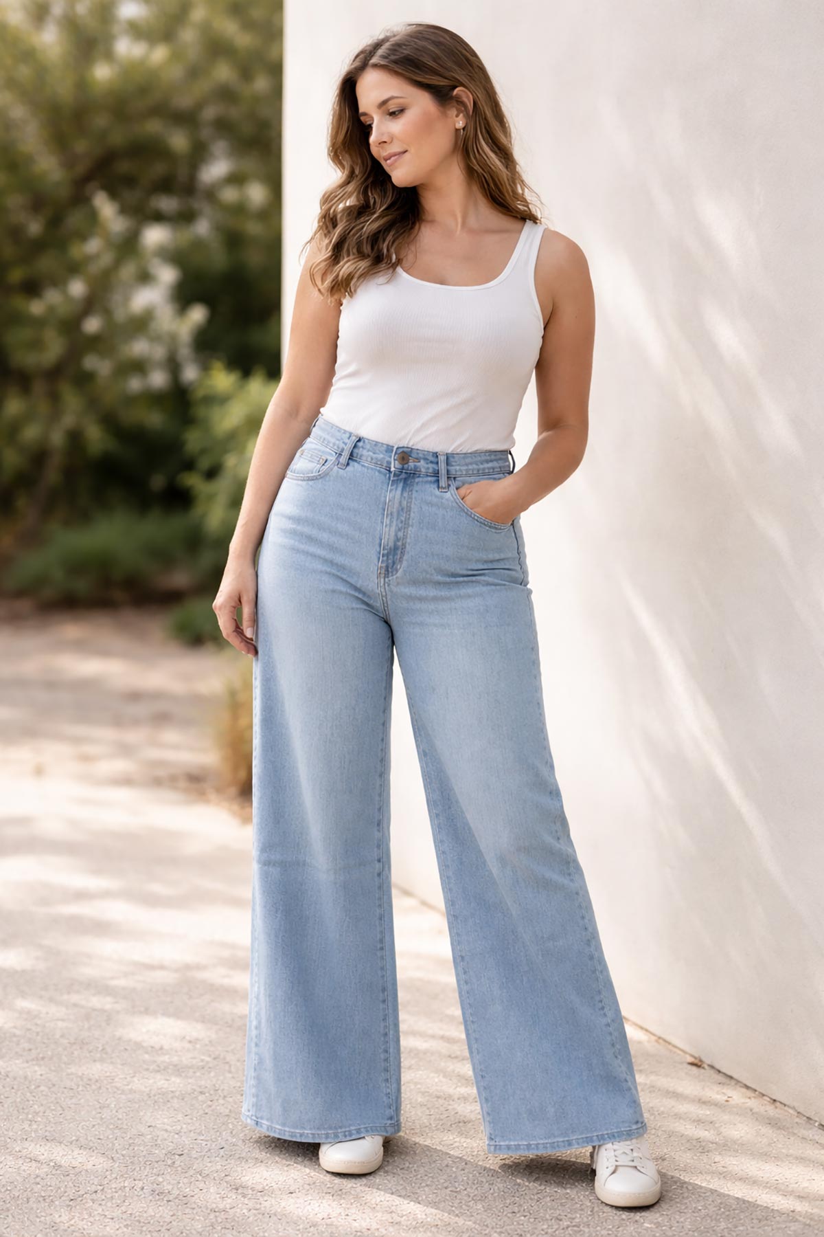 Close-up of stretch cotton blend light wash denim