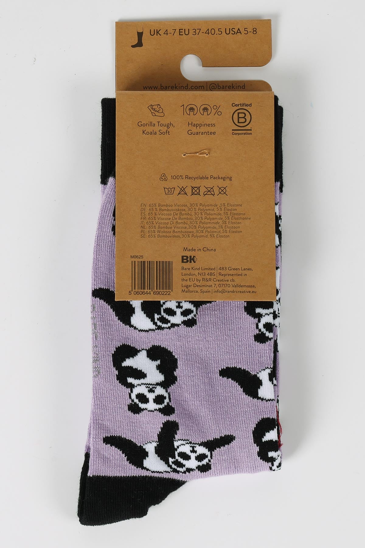 Back of Bare Kind panda bamboo socks showing recyclable packaging and fabric details — Urban Wild