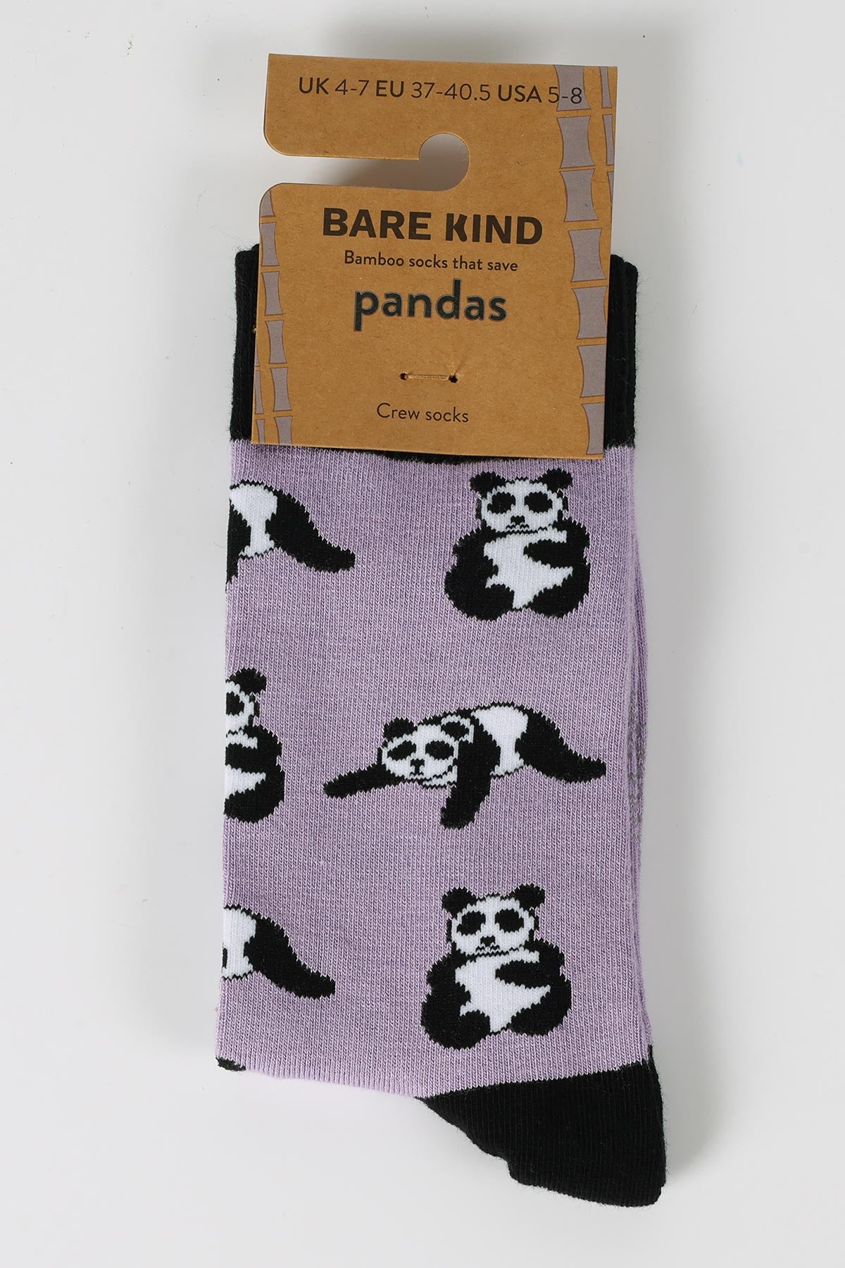 Lilac bamboo crew socks with panda print by Bare Kind in branded packaging — Urban Wild
