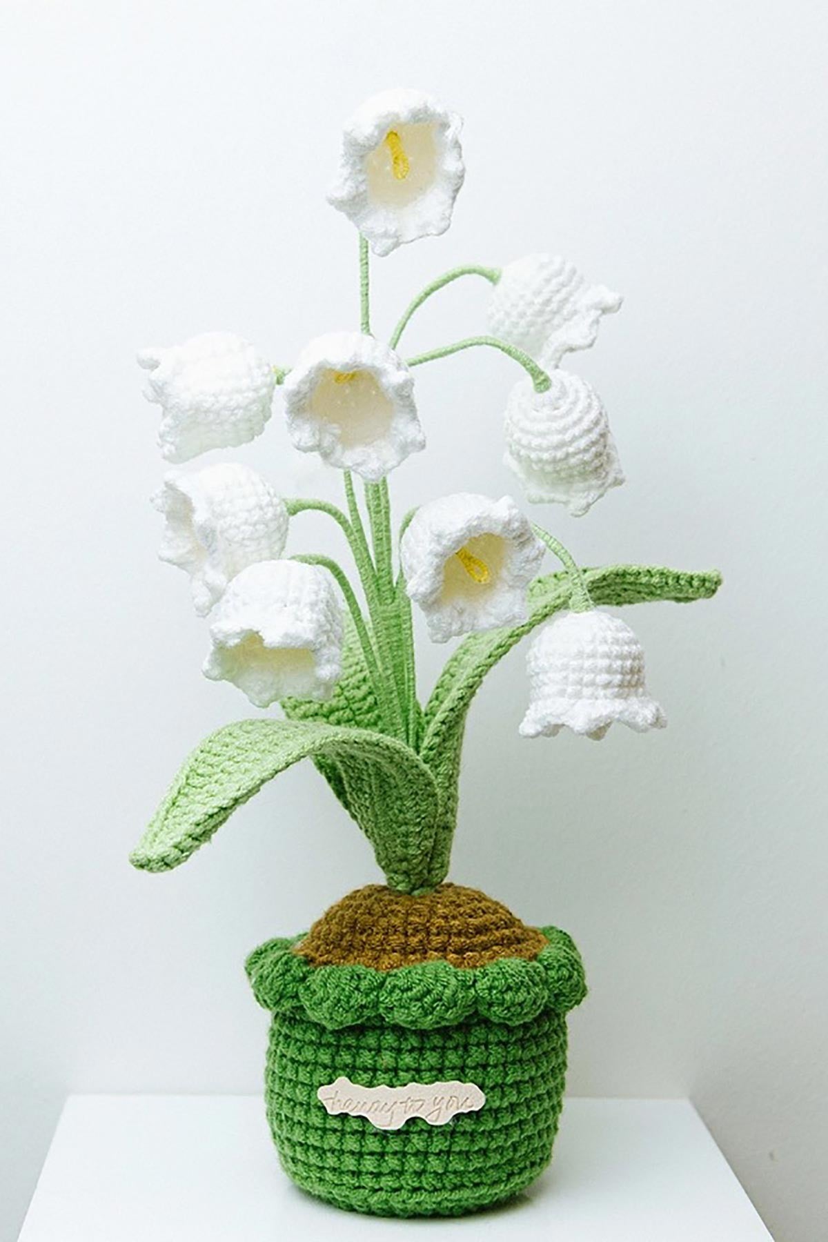 Hand-crocheted lily of the valley flower pot with delicate white bell blooms — Urban Wild