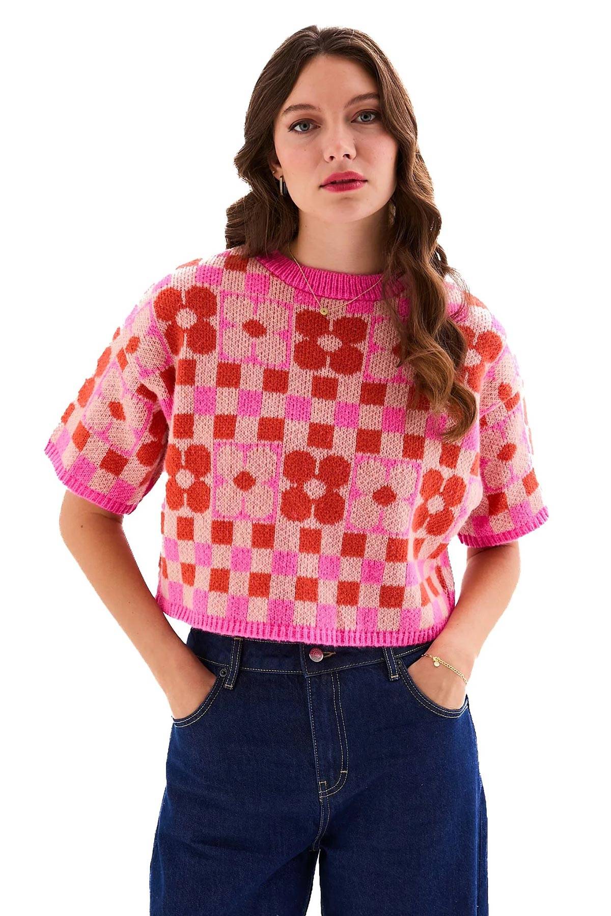 Pink flower checkerboard relaxed fit knitted jumper by Cara & The Sky — Urban Wild