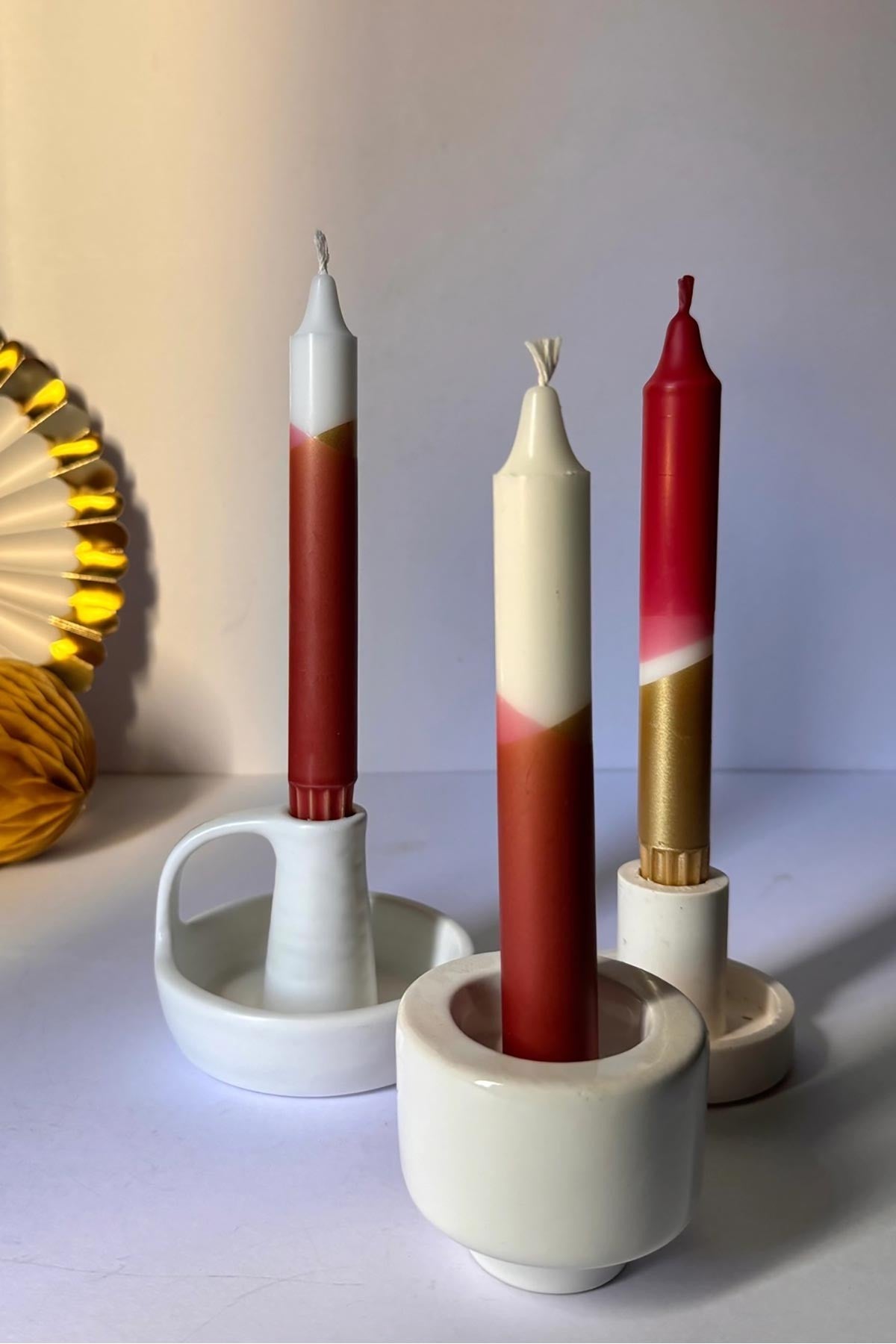 Set of three luxe red and gold taper candles gift packaging — Urban Wild