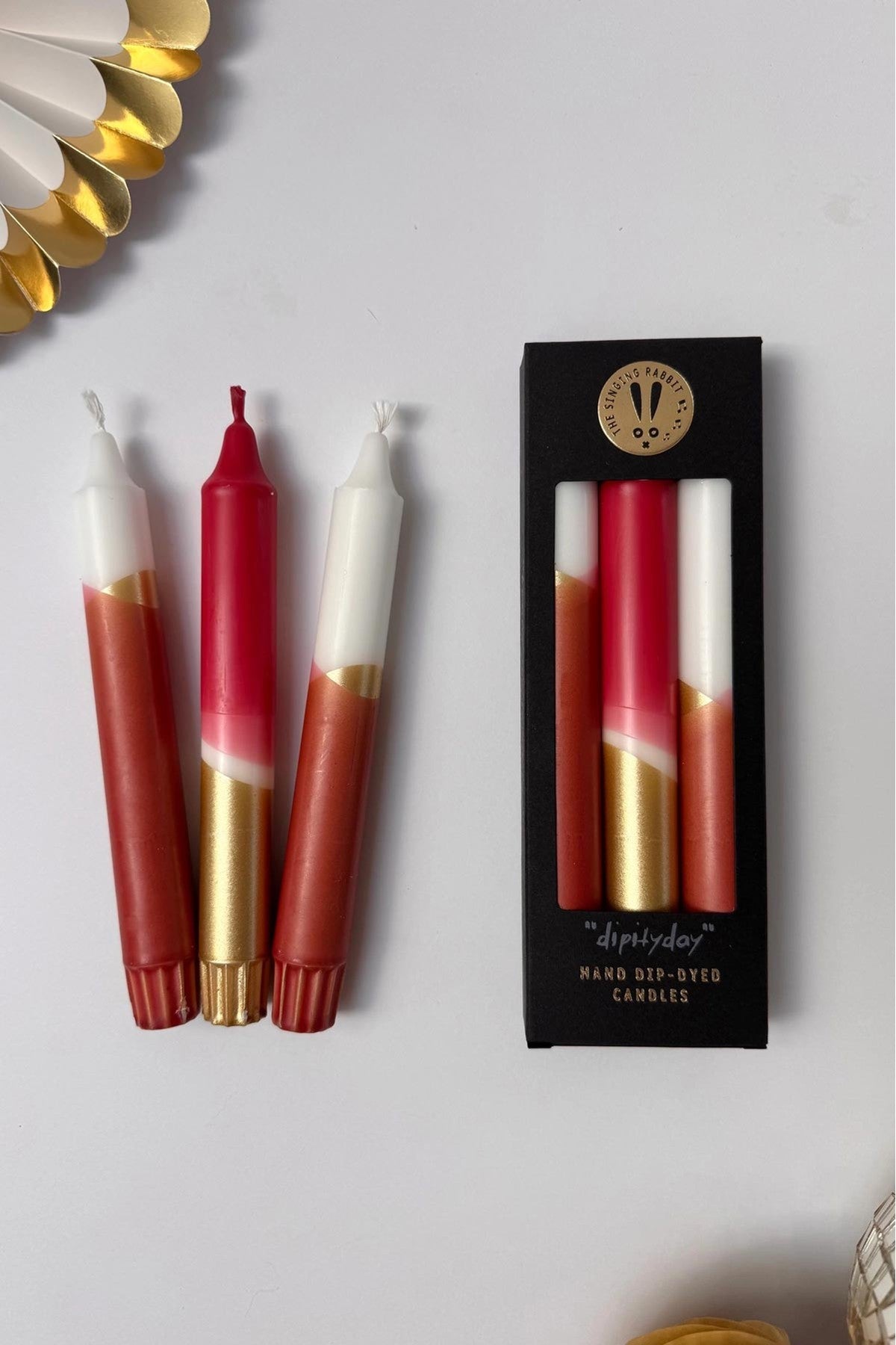 Luxe red and gold dip dyed taper dinner candles set of three hand dipped — Urban Wild