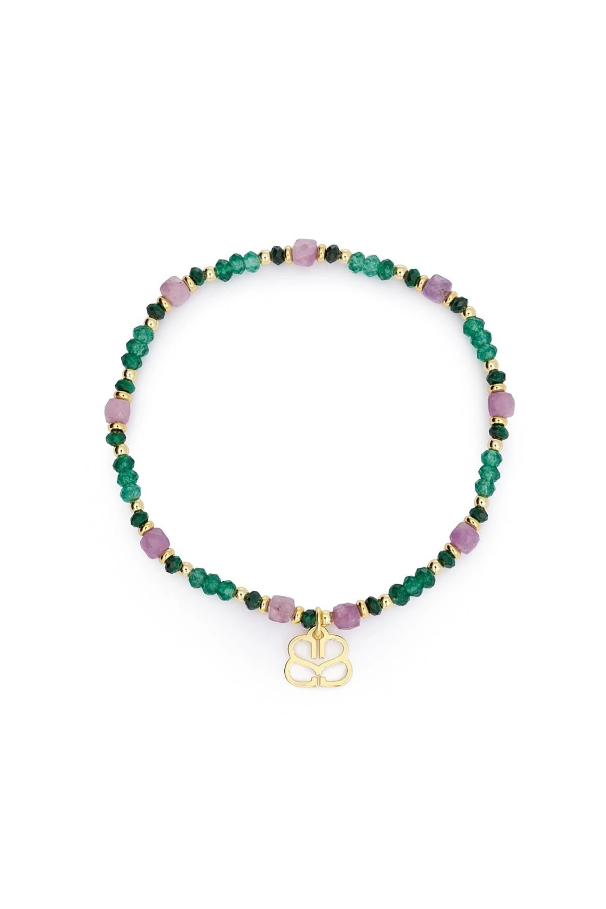Meli gold, green and purple gemstone stretch beaded bracelet with filigree charm — Urban Wild