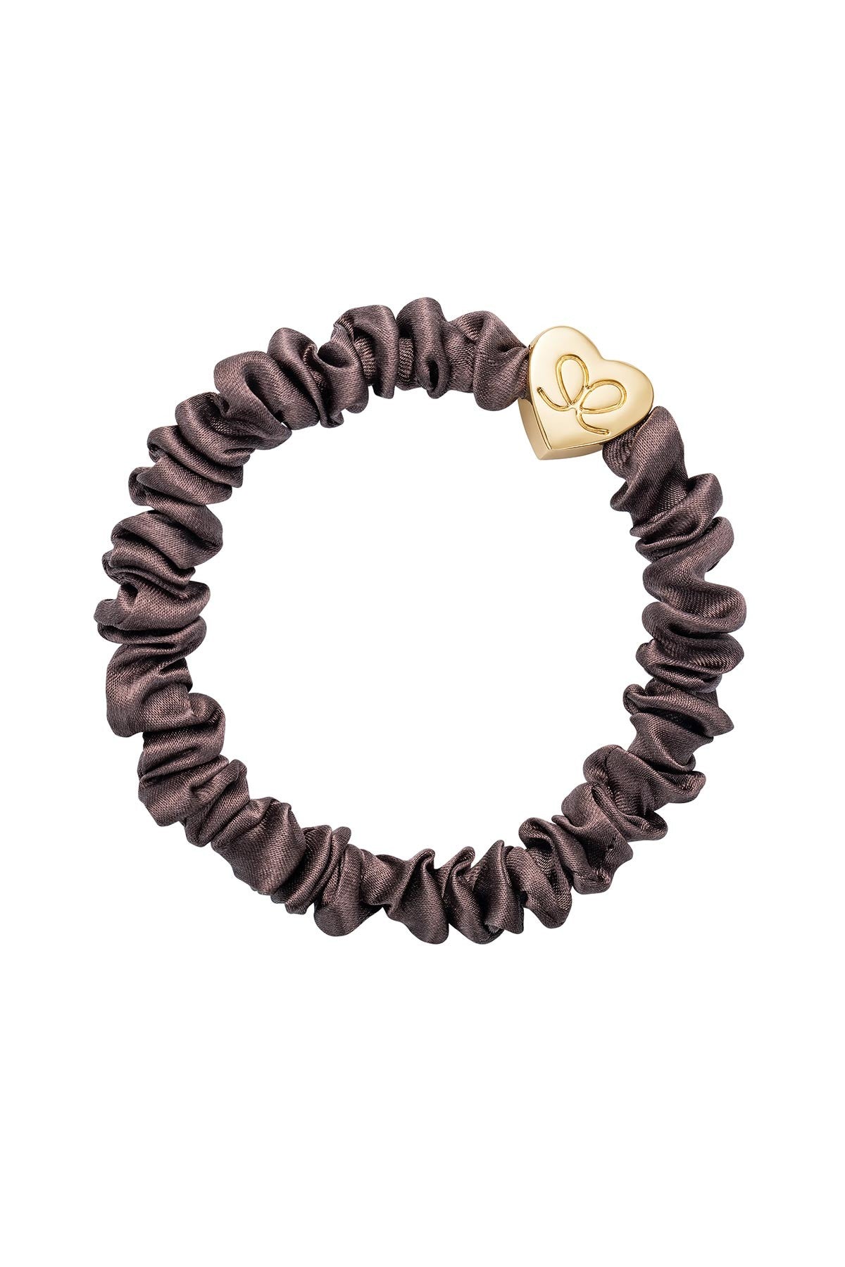 Mocha skinny mulberry silk scrunchie with gold heart charm by byEloise — Urban Wild