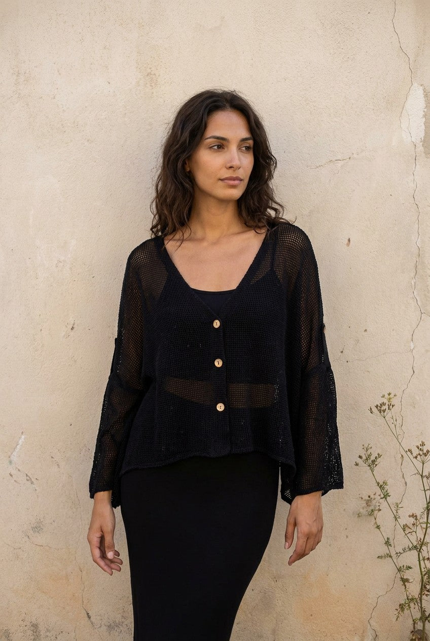 Black Washed Linen Mesh Button Cardigan styled