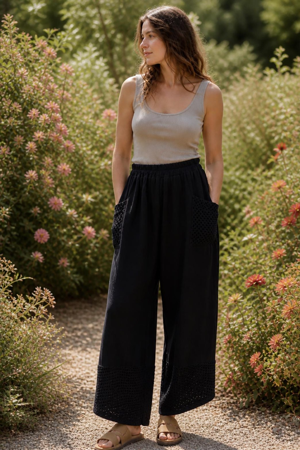 Black Washed Linen Mesh Pocket Wide-Leg Trousers styled