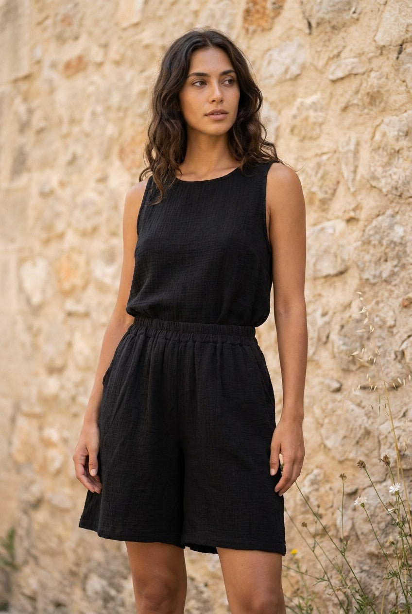 Black Washed Linen Elasticated Shorts styled