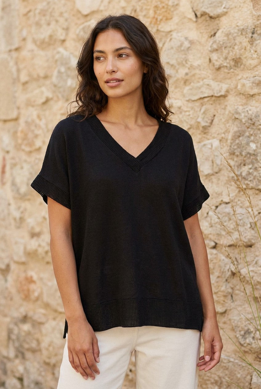Black Washed Linen V-Neck Mesh Trim Top styled