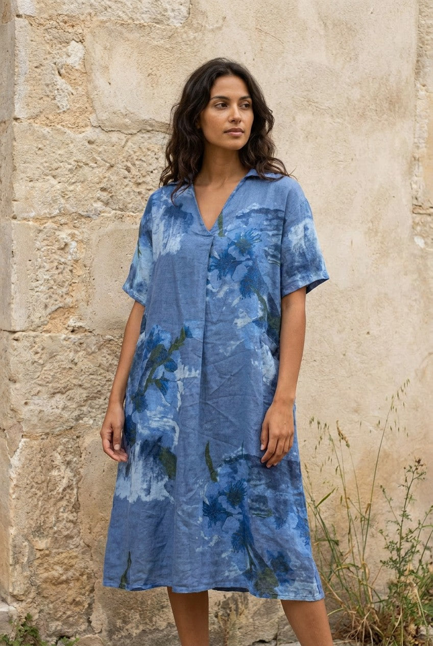 Blue Floral Linen Midi Shirt Dress — Urban Wild