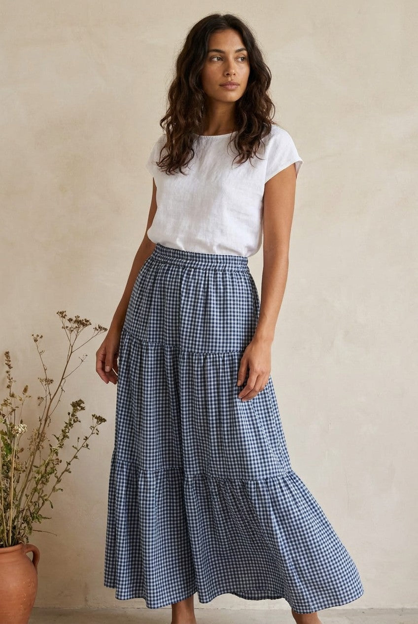 Blue Gingham Cotton Maxi Skirt styled