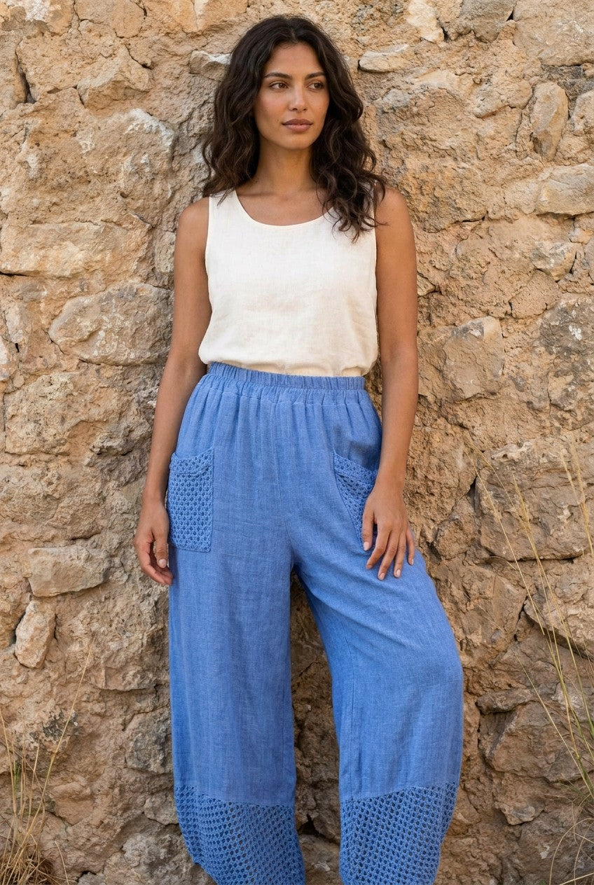 Blue Washed Linen Mesh Pocket Wide-Leg Trousers styled