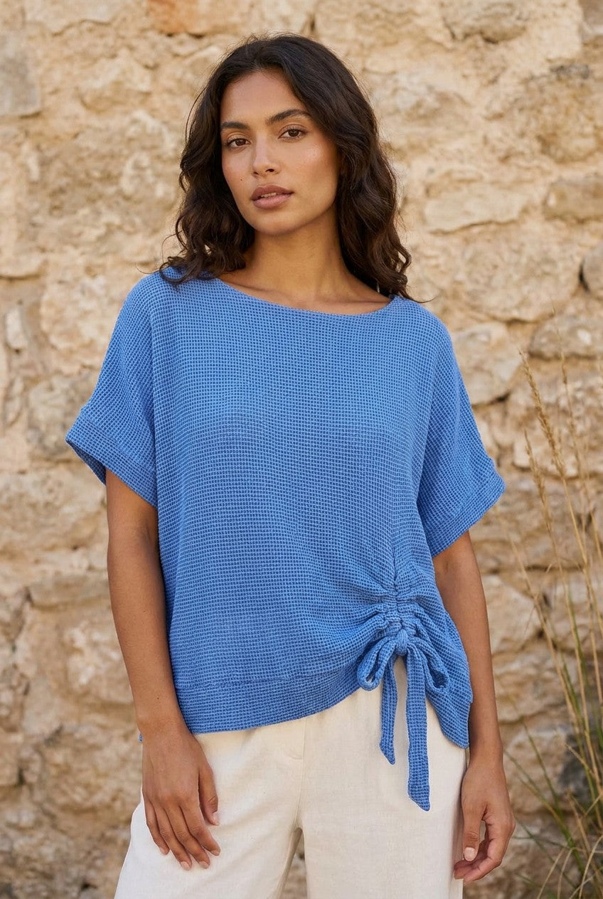 Blue Washed Linen Mesh Ruched Top styled