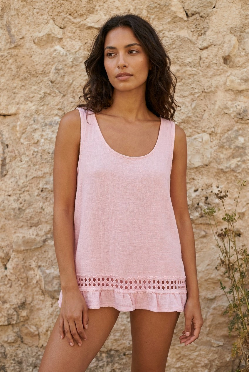 Candy Floss Pink Linen Cotton Lace Trim Vest Top styled