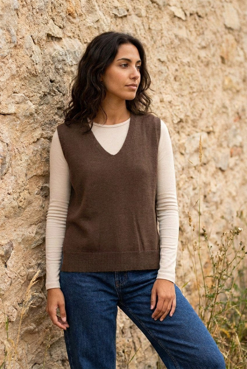 Chocolate Brown Knitted V-Neck Vest — Urban Wild
