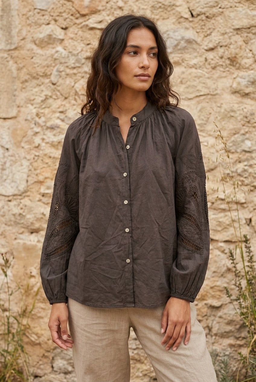 Chocolate Embroidered Cotton Balloon Sleeve Blouse — Urban Wild